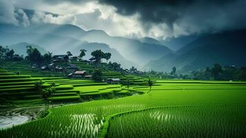 ai généré vert riz des champs dans le pluvieux saison magnifique Naturel paysage photo