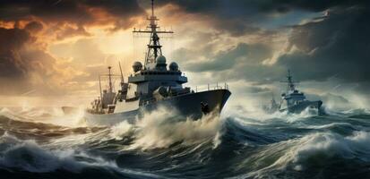 ai généré naval navires en mouvement sur le surface de le océan pendant orageux journée photo