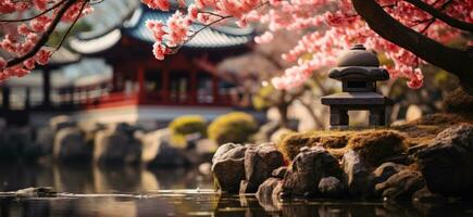 ai généré Japonais architecture et fleurs dans printemps arbre dans Japon photo