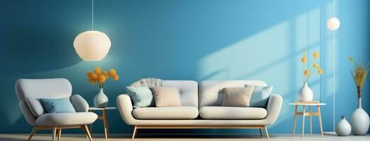 ai généré meubles coiffant pour moderne vivant pièce bleu mur, canapé, chaise photo