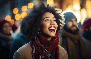 ai généré chorale de gens en chantant sur le rue dans hiver photo