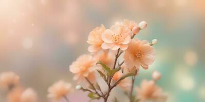 ai généré Cerise fleur ou Sakura fleur sur flou bokeh Contexte dans branché pêche duvet couleur. élégant toile de fond pour vacances bannières, affiches, cartes photo