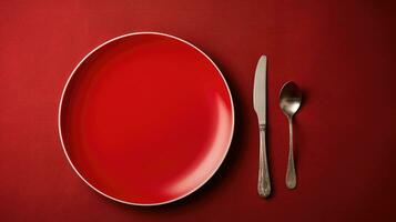ai généré une vibrant rouge assiette avec argent coutellerie sur une rouge arrière-plan, une minimaliste encore audacieux à manger présentation photo