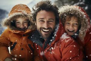 ai généré une homme et deux les enfants en jouant dans hiver neige photo