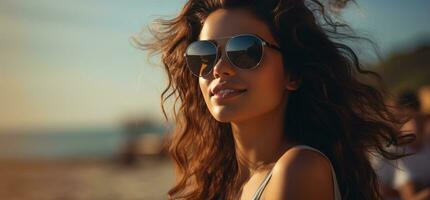 ai généré une fille portant des lunettes de soleil séance sur le plage et à la recherche à le caméra photo