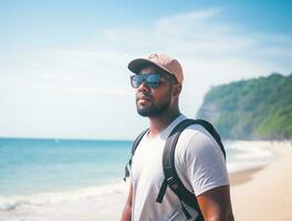 ai généré une photographier de voyageur ou routard dans le plage avec une beaucoup style et beaucoup angle photo