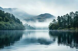 ai généré une Montagne Lac avec brouillard reflétant sur il photo