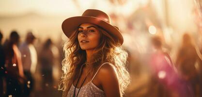 ai généré femme en marchant par foule à une Festival dans une chapeau photo