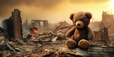 ai généré des gamins nounours ours jouet plus de ville brûlé destruction de un conséquences guerre conflit photo