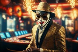 ai généré masqué caché joueur dans vie nocturne casino. produire ai photo