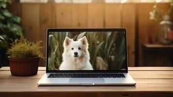 ai généré adorable animal de compagnie chien sur portable écran ai généré bannière Contexte copie espace photo