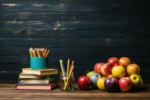 ai généré content prof journée photo réaliste Université salle de cours avec livres des crayons pommes génératif ai