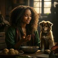 ai généré photo de frisé aux cheveux africain fille en jouant avec animal de compagnie chien dans Matin ensoleillement génératif ai