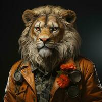 ai généré nuit vue photo réaliste une Lion dans homme costume à la recherche à caméra avec peindre manteau génératif ai