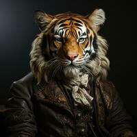ai généré réaliste animal image tigre dans homme costume à la recherche à caméra à nuit dans peindre manteau génératif ai photo