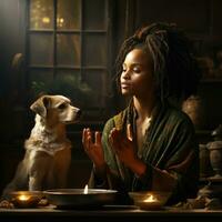 ai généré en jouant avec animal de compagnie chien réaliste Matin temps ensoleillement image africain femme génératif ai photo