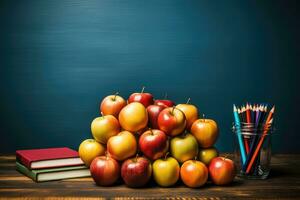 ai généré réaliste collage image salle de cours scène avec livres des crayons pommes pour prof journée génératif ai photo