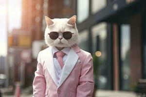 ai généré une chat est portant des lunettes de soleil, costume et permanent sur rue. ai généré photo