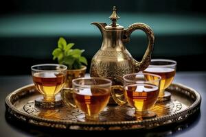 ai généré traditionnel marocain thé ensemble avec décoratif théières, lunettes, et menthe feuilles. génératif ai photo