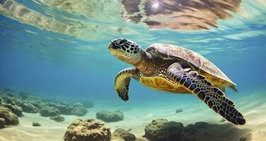 ai généré photo de mer tortue dans le galapagos île. génératif ai