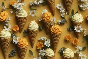 ai généré intégrer une variété de gaufre cônes avec différent la glace crème les saveurs. ai généré photo