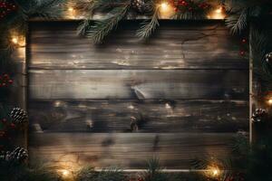 ai généré Cadre pour Noël fête faire-part, rectangle, rétro hiver thème, Noël feuilles, se sentait couverture, Fée lumières, confortable atmosphère, Noël arbre et incandescent Noël lumières par photo