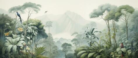 ai généré ancien aquarelle mural. australien paysage représentant tropical forêt scènes avec animaux au milieu de le des arbres, capturer le essence de vieux des illustrations dans une grand échelle ouvrages d'art. photo