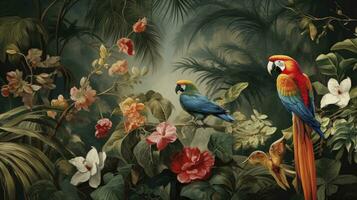 ai généré fond d'écran jungle et feuilles tropical forêt mural perroquet et des oiseaux papillons vieux dessin ancien Contexte photo