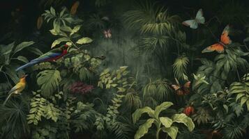 ai généré tropical fond d'écran avec une jungle de feuilles, tropical forêt des oiseaux, et papillons, ouvré dans un vieux dessin ancien style, parfait pour mur art. photo