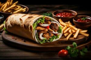 ai généré une poulet shawarma emballage avec français frites et tomates photo