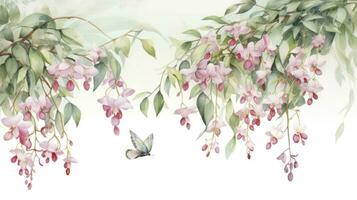 ai généré éthéré flore aquarelle illustration de tombant eucalyptus feuilles, rose et blanc larmes lis de le vallée, orné avec papillons et colibris. photo