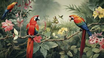 ai généré fond d'écran jungle et feuilles tropical forêt mural perroquet et des oiseaux papillons vieux dessin ancien Contexte photo