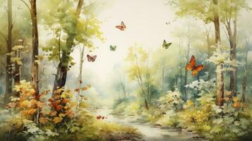 ai généré aquarelle La peinture de une forêt paysage avec des oiseaux, papillons et des arbres, dans couleurs ancien cohérent style photo