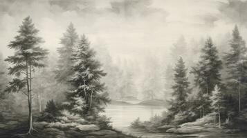 ai généré fond d'écran ancien dessin paysage les forêts de ancien européen de des arbres fond d'écran noir et blanc conception pour fond d'écran, photo fond d'écran, fresque, mural