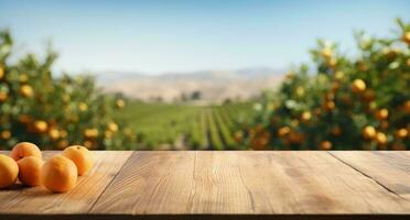 ai généré en bois table dans un Orange verger photo