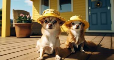 ai généré deux chihuahua animaux sont portant Chapeaux sur le de face porche photo