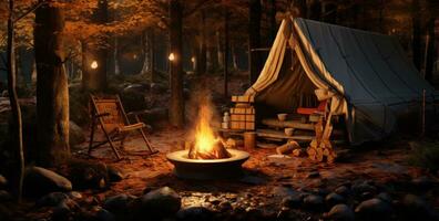 ai généré le feu de camp dans le les bois avec tente autour il et une chaise, photo