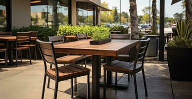 ai généré table et chaises pour une restaurant dans une parking lot photo