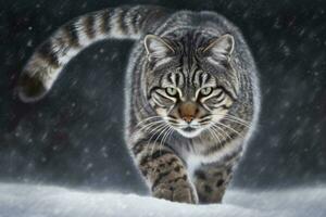 ai généré duveteux chat en marchant sur le neige. neural réseau ai généré photo