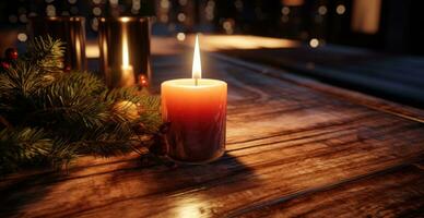 ai généré allumé bougie sur le table à nuit photo