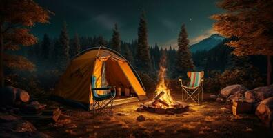 ai généré camping tente avec Feu fosse dans été photo