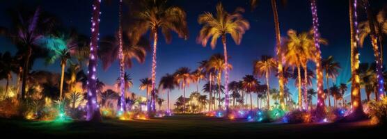 ai généré coloré lumières dans herbe avec paumes suivant à bleu ciel, photo