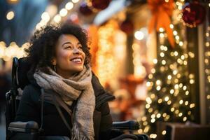 ai généré femme séance dans roue chaise pendant Noël festivités, photo