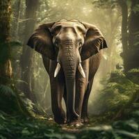 ai généré une royal et majestueux éléphant, ses massif forme nain le des arbres autour il photo