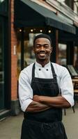 ai généré chef permanent fièrement dans de face de une restaurant, portant le sien du chef veste et une gros sourire photo