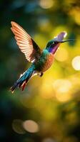 ai généré une vibrant colibri planant dans en l'air, ses iridescent plumes scintillant dans le lumière du soleil photo
