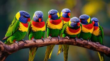 ai généré une groupe de vivement coloré loriquets perché sur une arbre branche photo