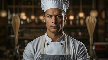 ai généré une fermer coup de une Beau chef en portant une fouet avec une sérieux Regardez sur le sien visage photo