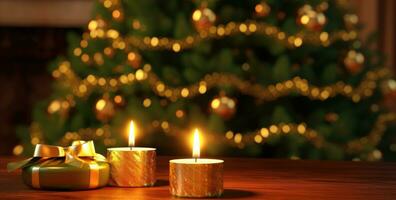 ai généré une Noël arbre sur une en bois table photo