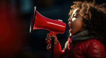 ai généré une enfant Parlant avec une rouge mégaphone noir femme photo